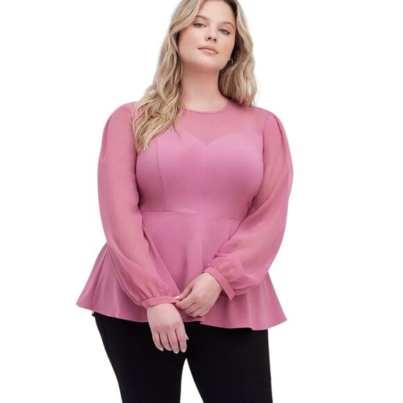 Torrid Peplum Crepe Mesh Inset Top Size 2X Long Sleeve Pink Mesa Rosa Feminine - Picture 1 of 10